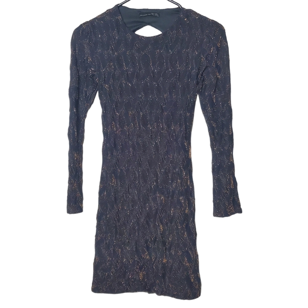 Zara | Long Sleeve Mini Dress | Cut Out Bodycon Black Gold Metallic | S